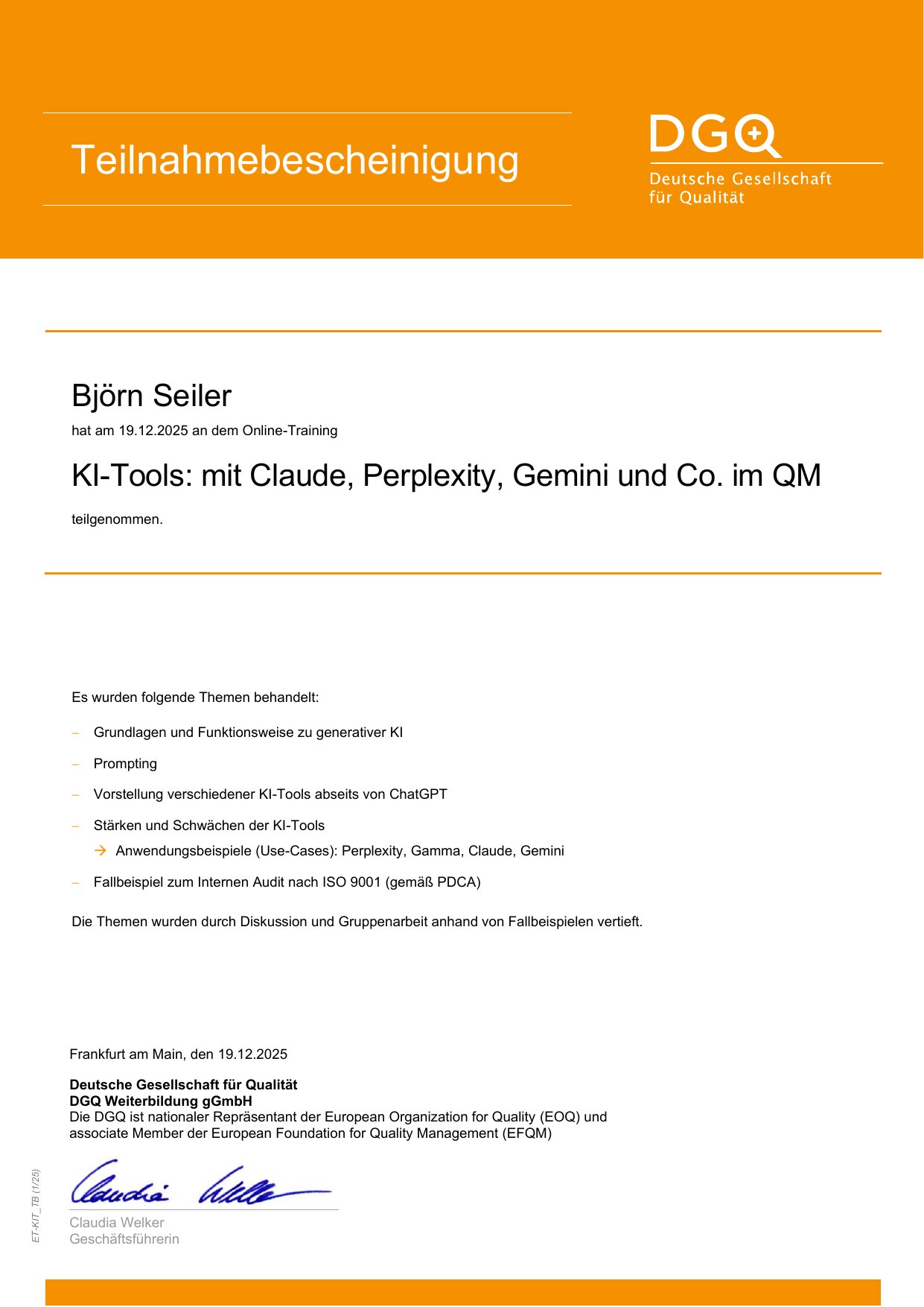 Björn Seiler DGQ — AI Tools in Audits certificate