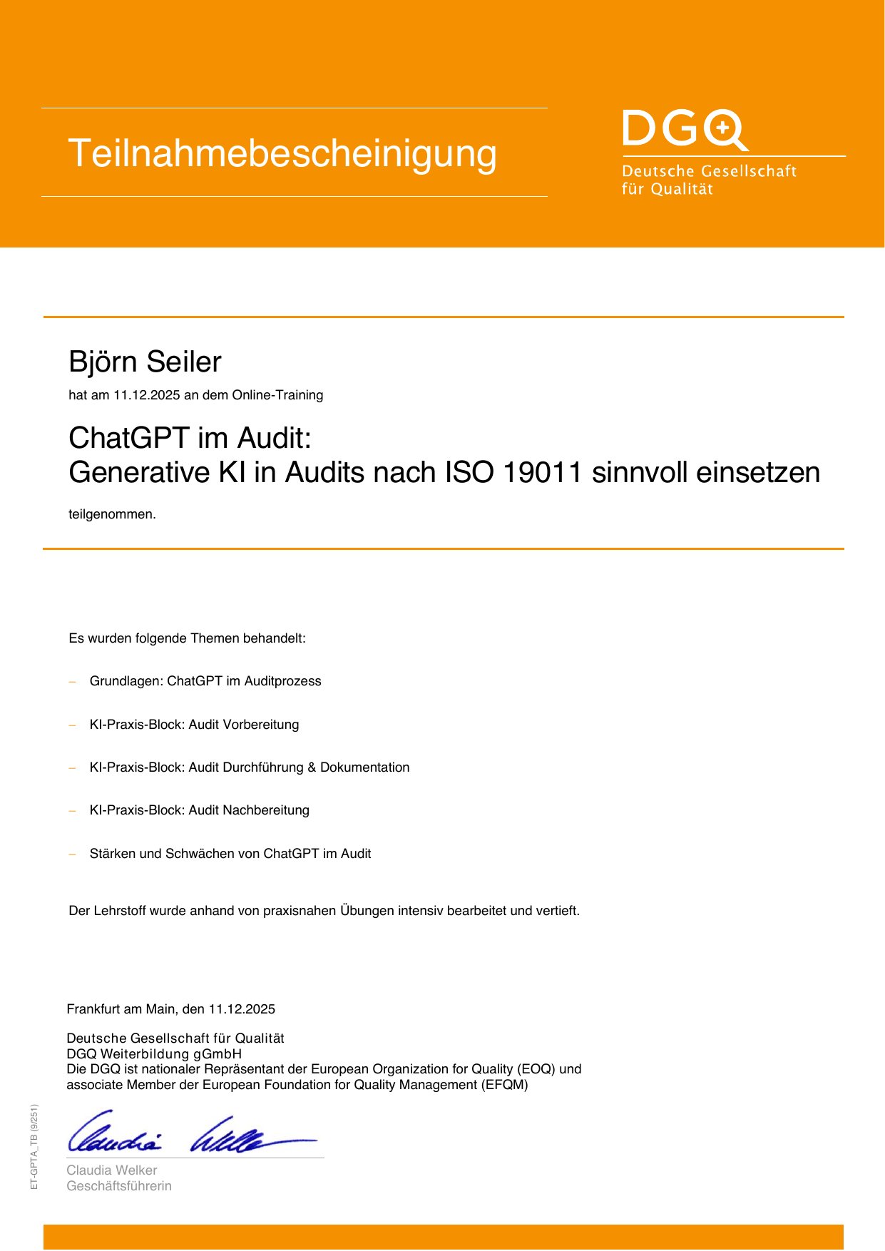 Björn Seiler DGQ — ChatGPT in Audits certificate