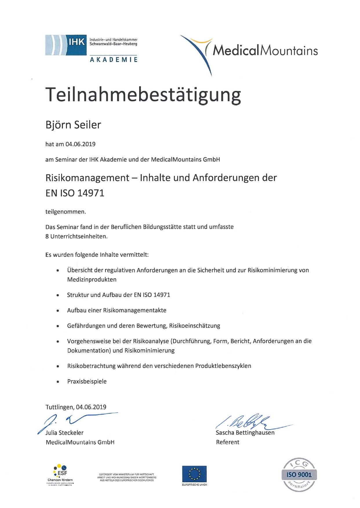 Björn Seiler ISO 14971 Risk Management certificate