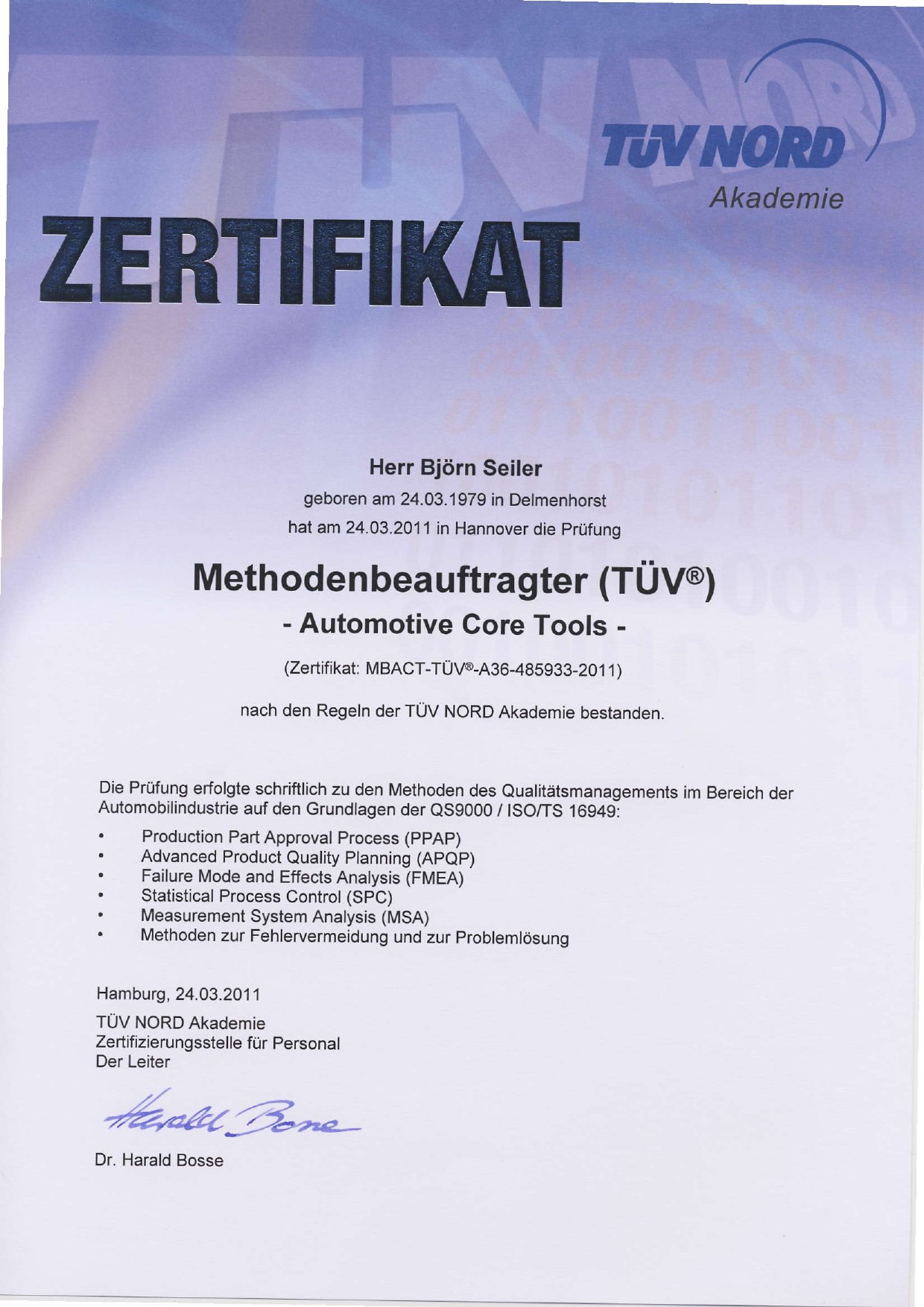 Björn Seiler TÜV Methods Certificate certificate