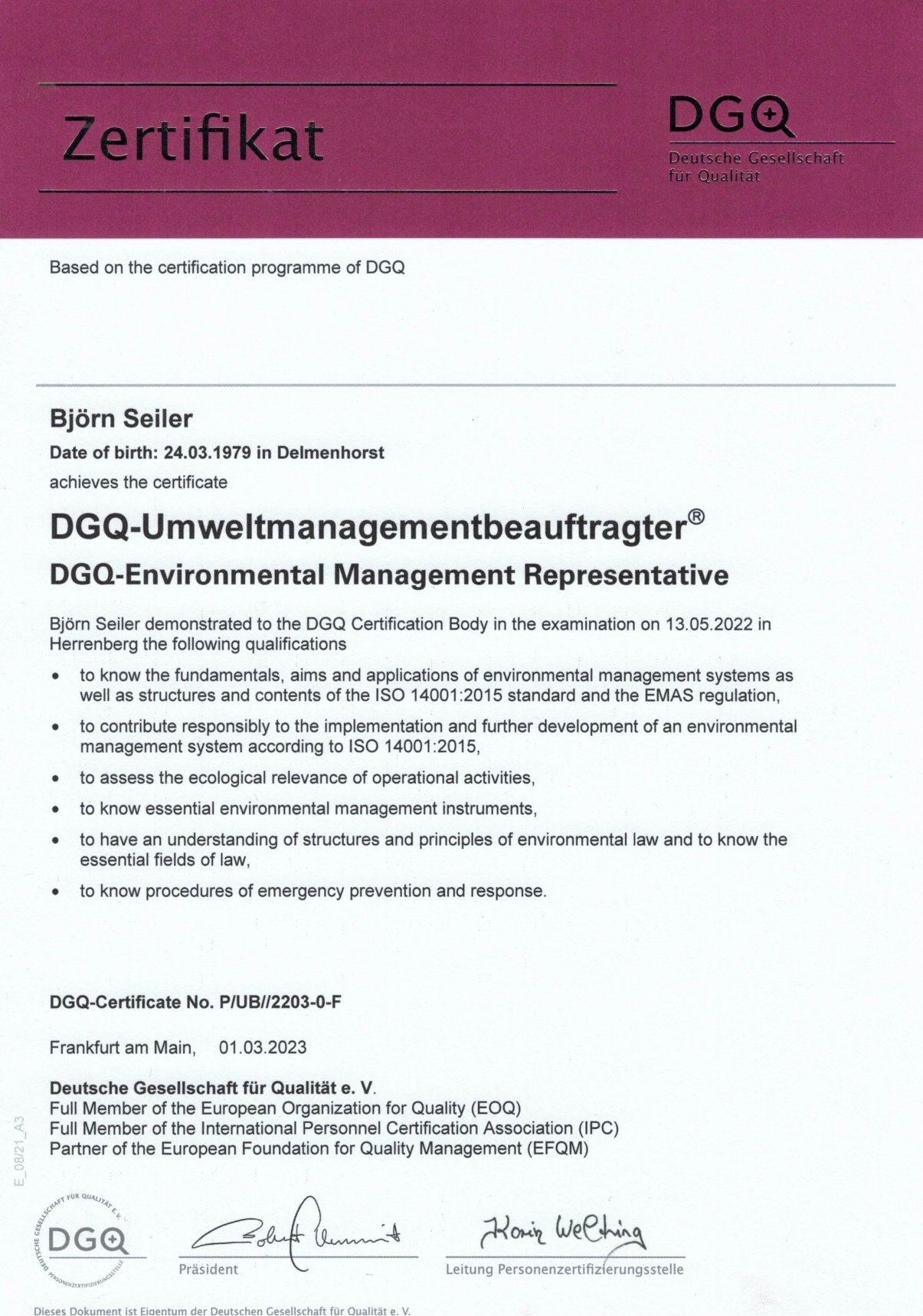 ISO 14001 Environmental Management certificate for Björn Seiler