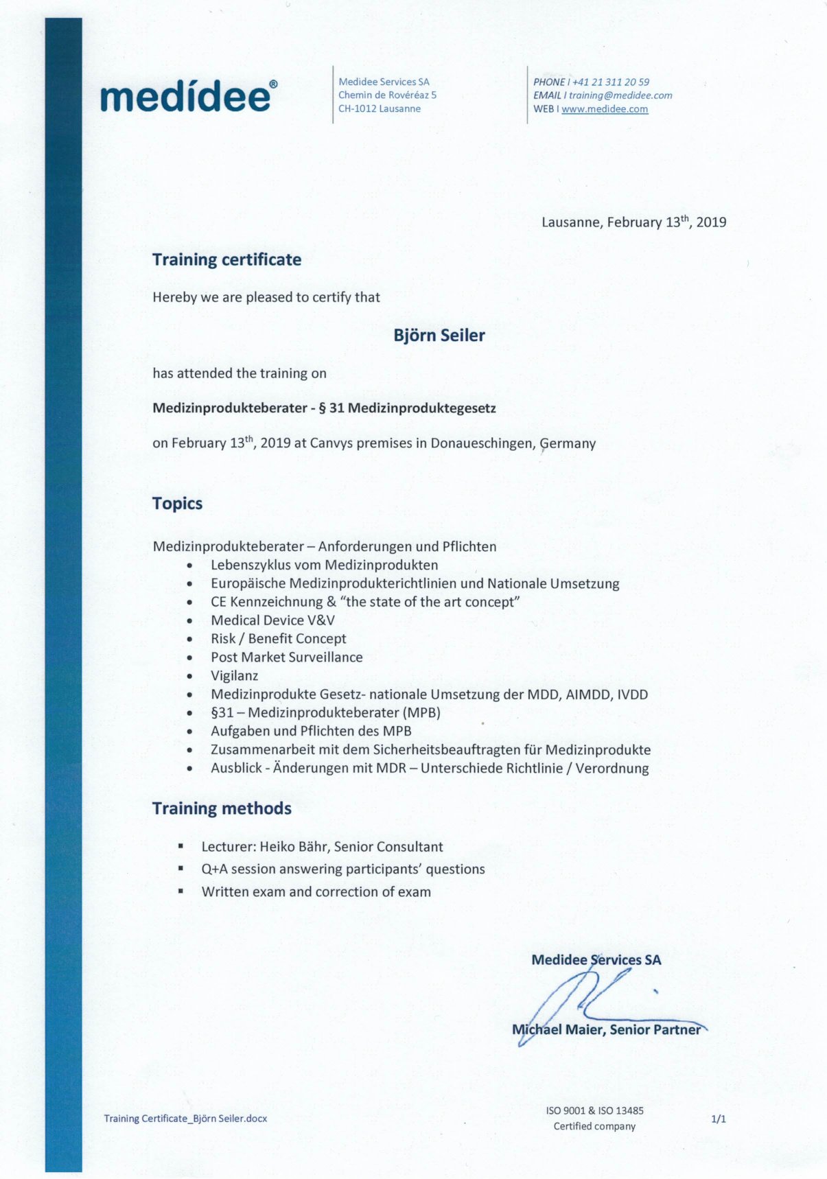 Björn Seiler Medical Device Advisor (Medidee) certificate