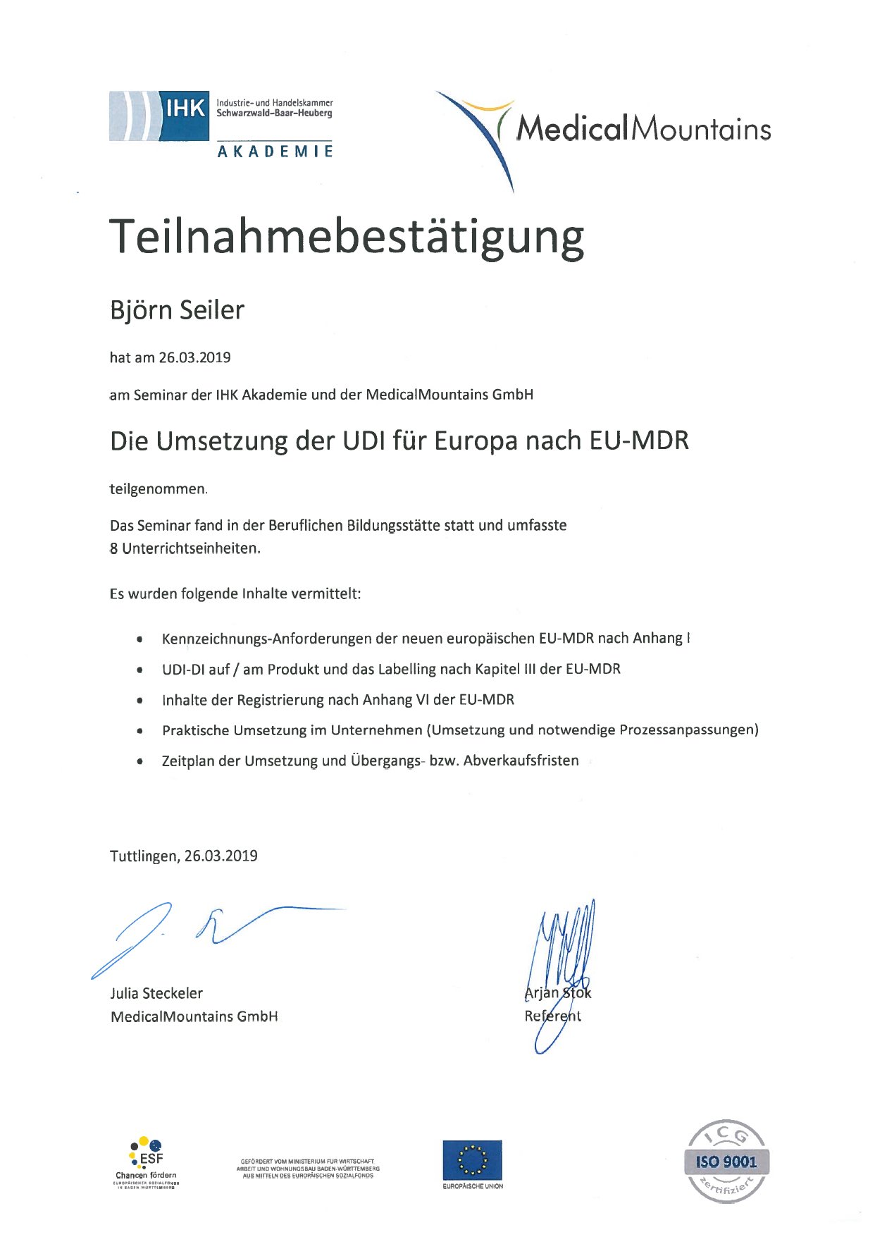 Björn Seiler EU-MDR UDI certificate