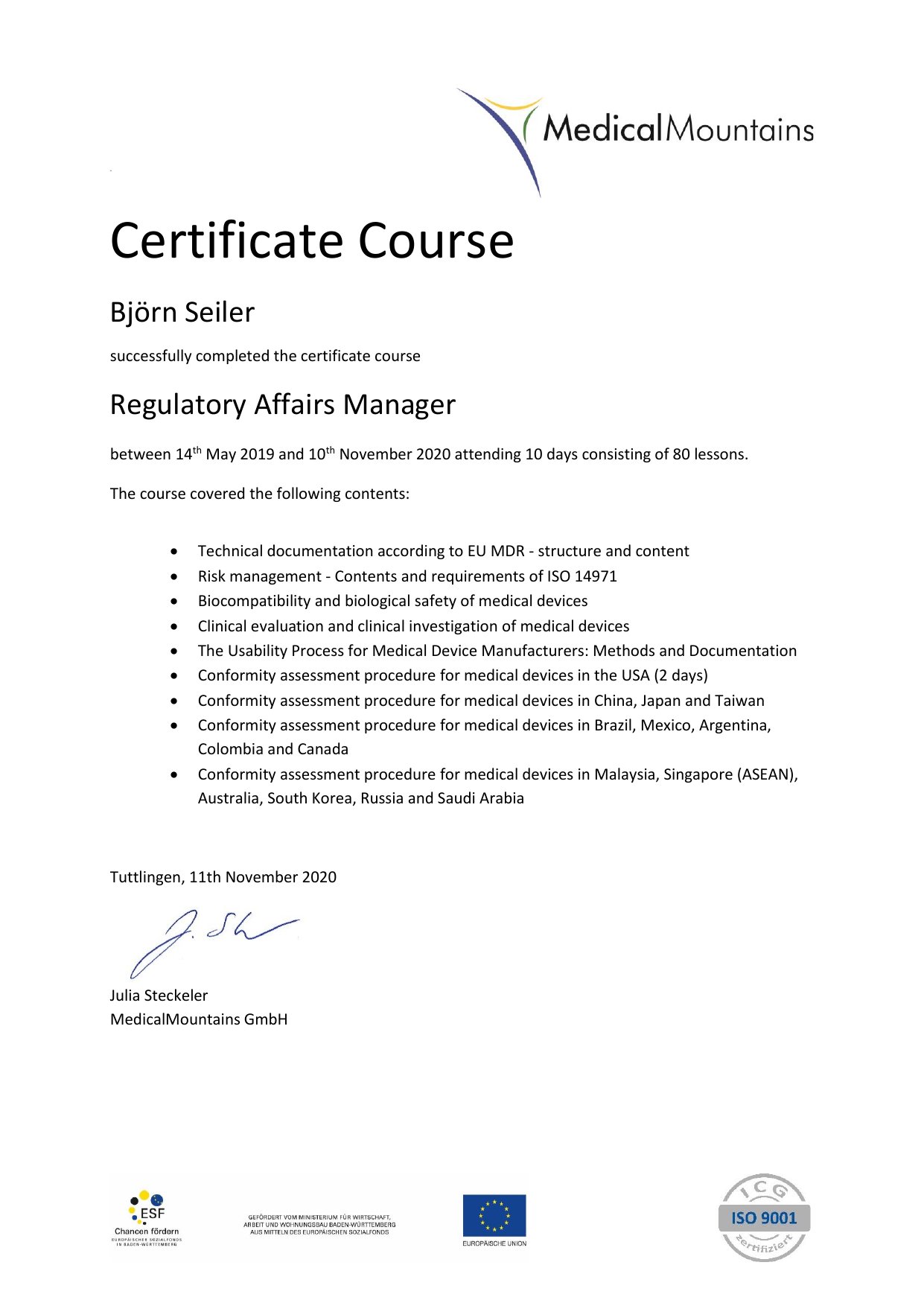 Björn Seiler Medical Device Risk Manager certificate