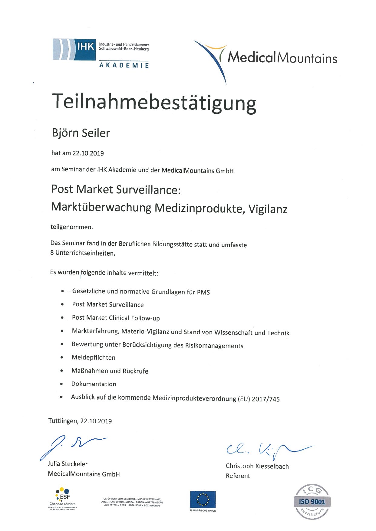 Post-Market Surveillance certificate for Björn Seiler